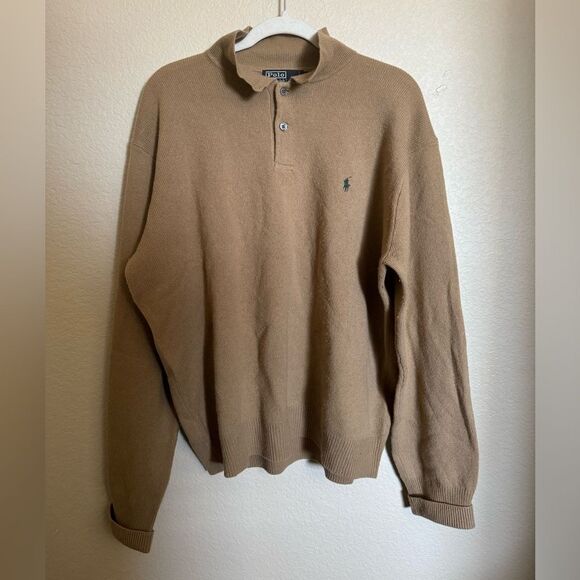Vintage Polo Ralph Lauren Italian‎ Lambswool Polo Sweater XL Tan Collared - Picture 1 of 5